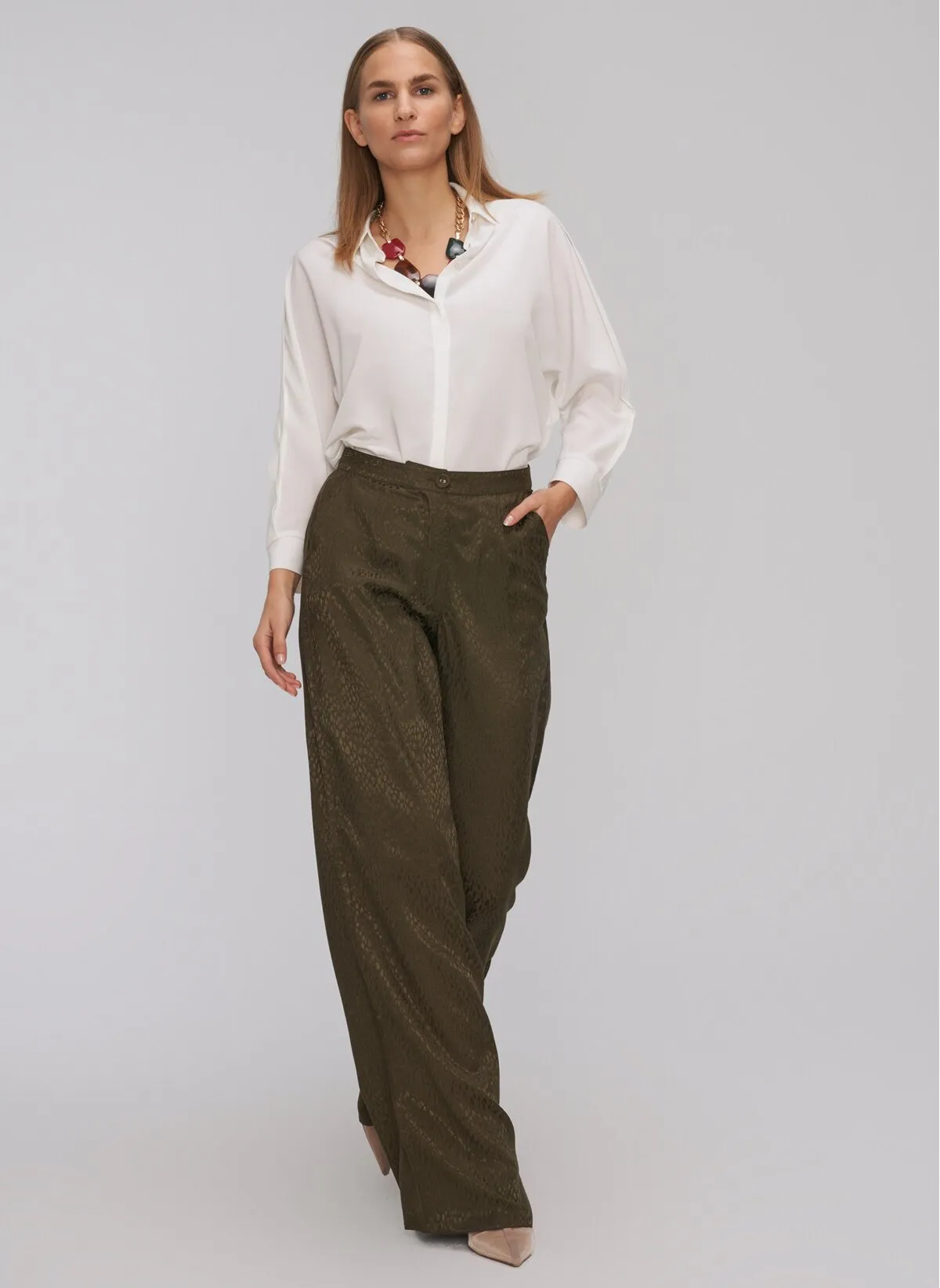 13808 Khaki Patterned Wide Leg Pants