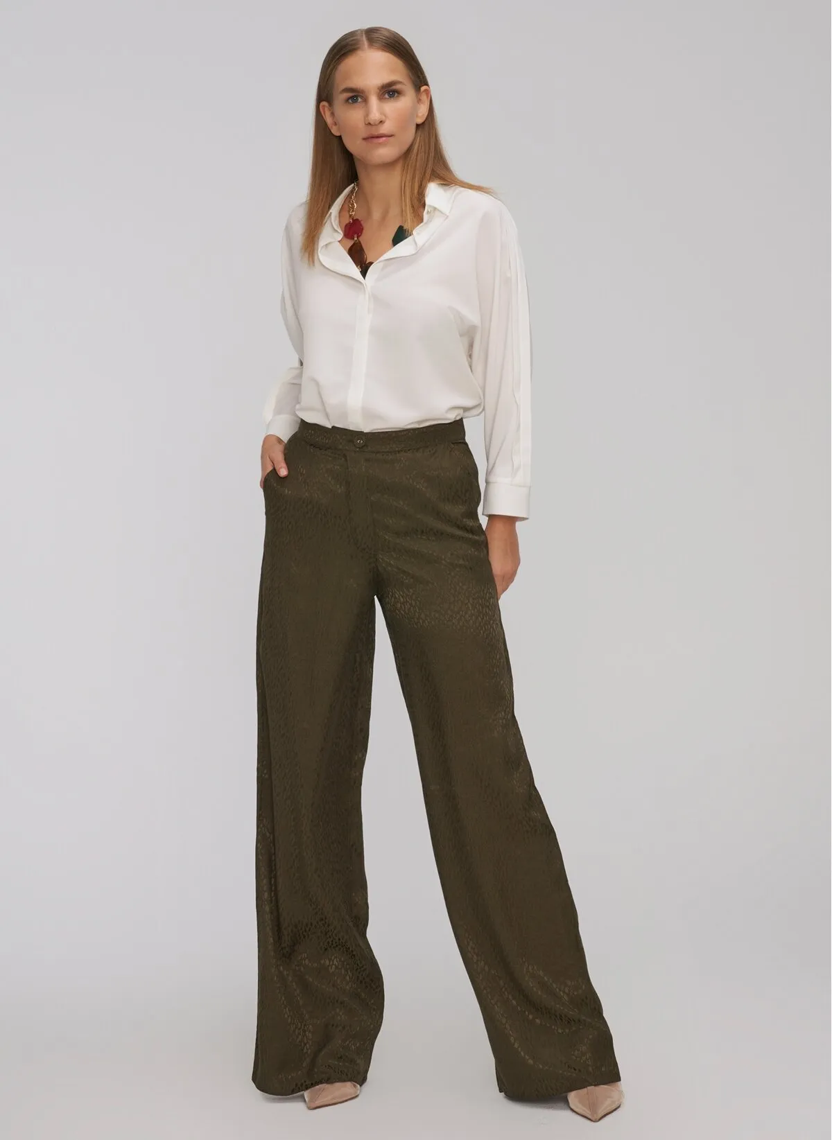 13808 Khaki Patterned Wide Leg Pants