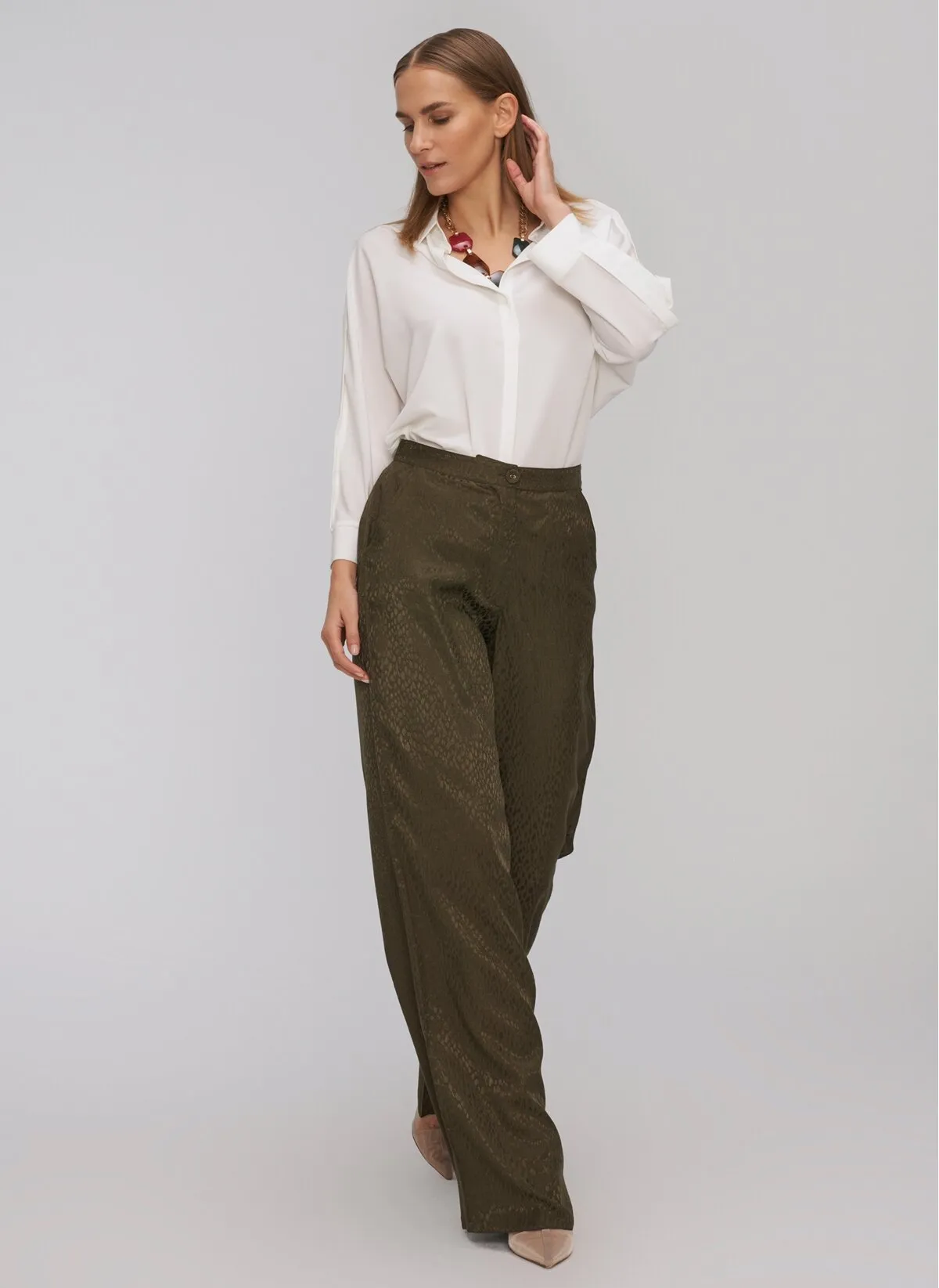 13808 Khaki Patterned Wide Leg Pants
