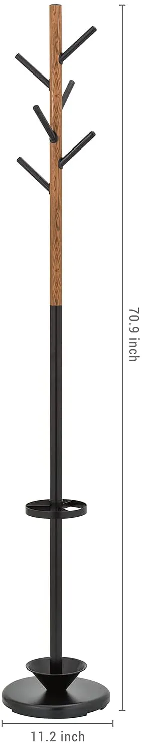 6-Hook Wood Grain and Black Metal Entryway Freestanding Coat Rack Stand Tree with Umbrella Holder