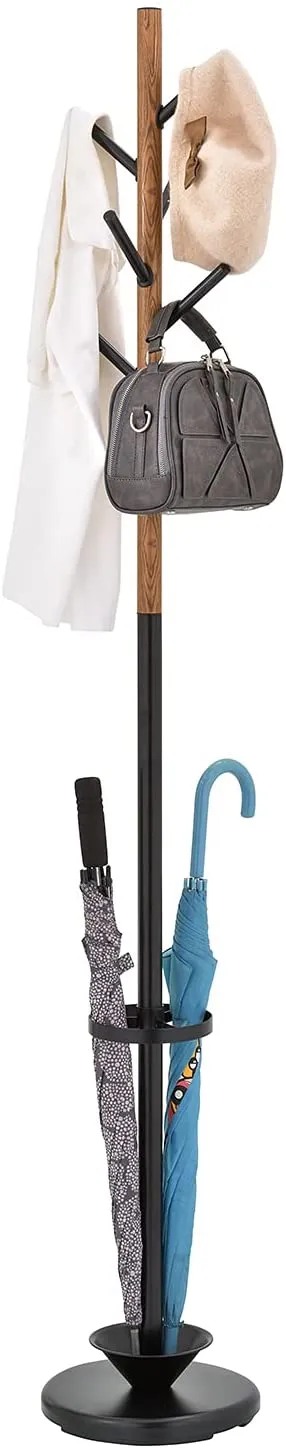 6-Hook Wood Grain and Black Metal Entryway Freestanding Coat Rack Stand Tree with Umbrella Holder