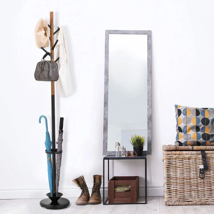 6-Hook Wood Grain and Black Metal Entryway Freestanding Coat Rack Stand Tree with Umbrella Holder