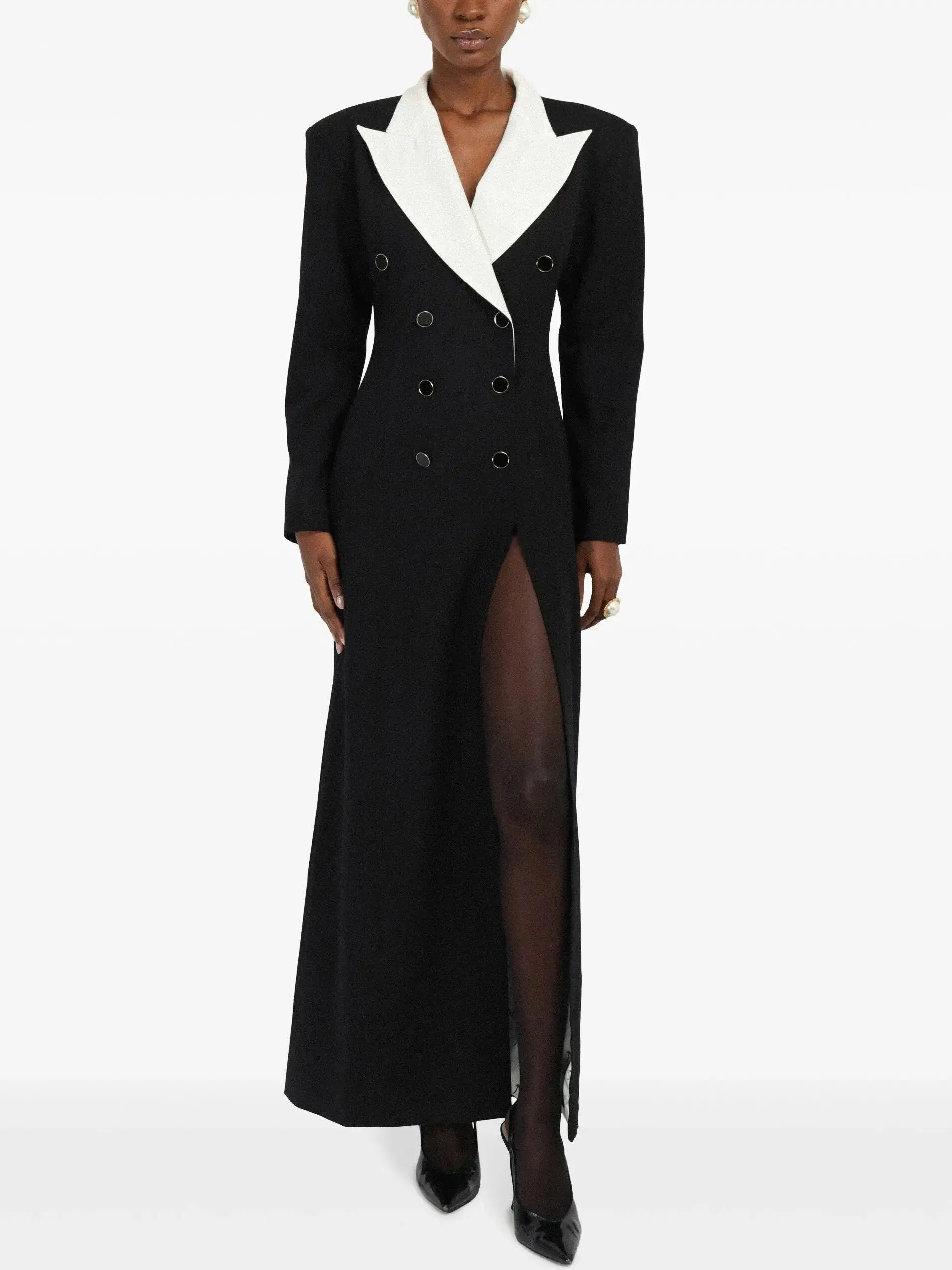 Bicolor Contrasting-Collar Double-Breasted Tuxedo Coat