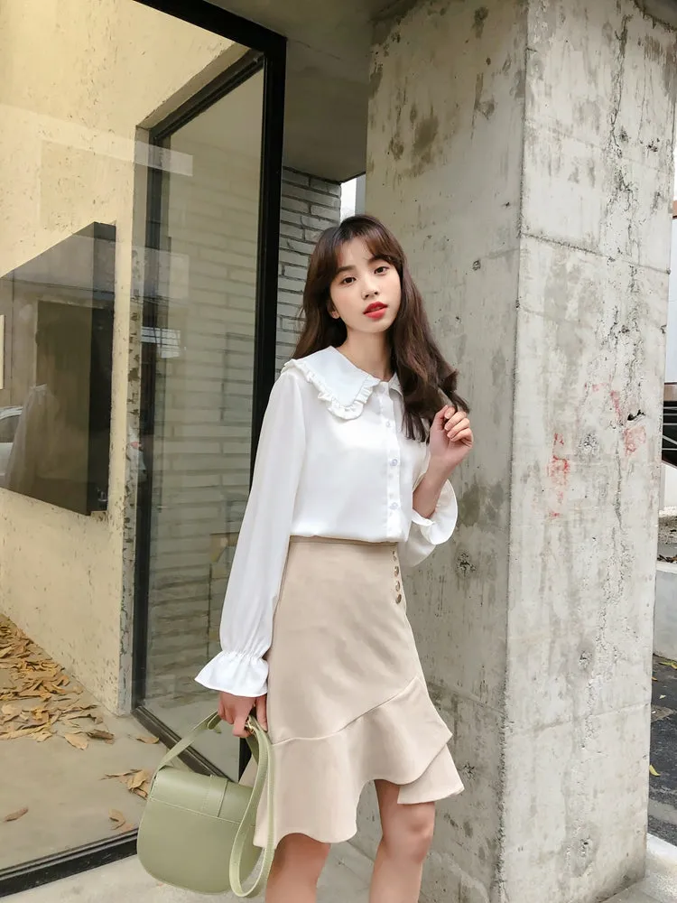 Blouses Shirts Women Peter Pan Collar Petal Sleeve Single Breasted Daily Elegant Womens Students Temperament Smooth Comfortable
