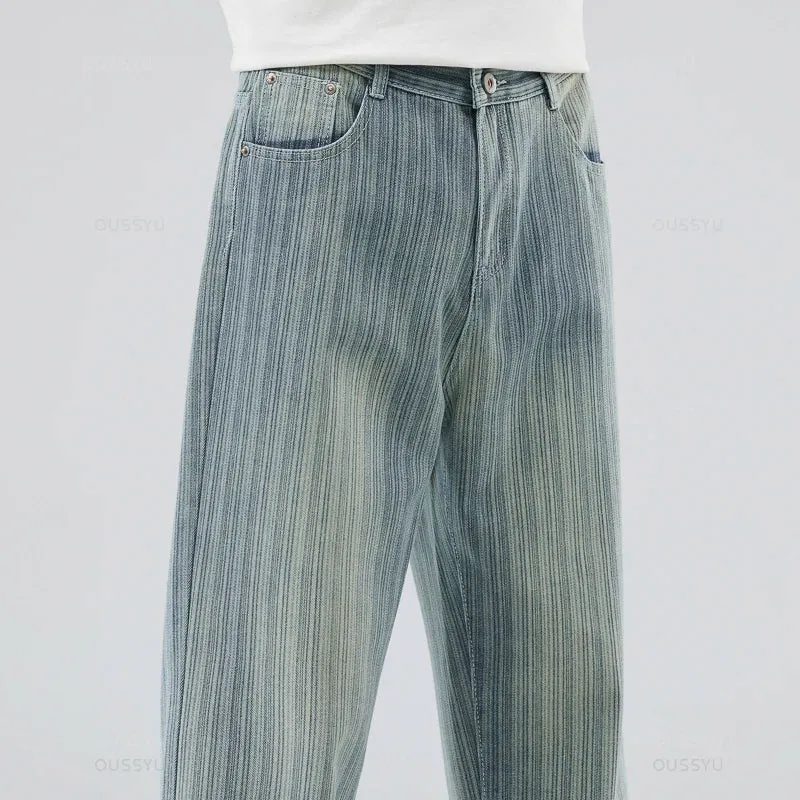 Classic Retro Stripes Men's Jeans Baggy Straight Denim Pants