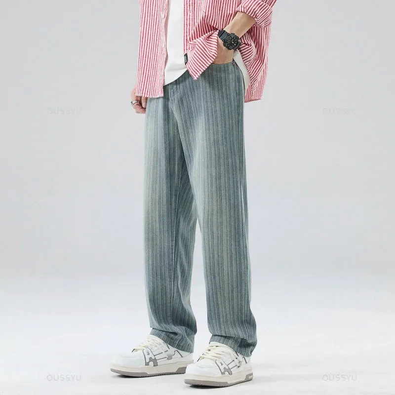 Classic Retro Stripes Men's Jeans Baggy Straight Denim Pants