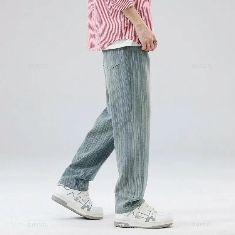 Classic Retro Stripes Men's Jeans Baggy Straight Denim Pants
