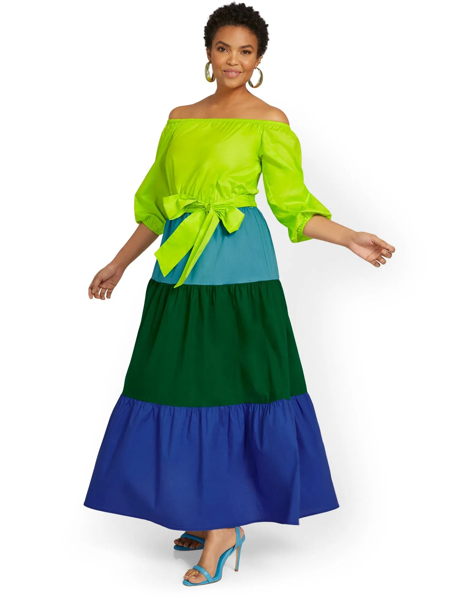 Colorblock Off-The-Shoulder Poplin Maxi Dress