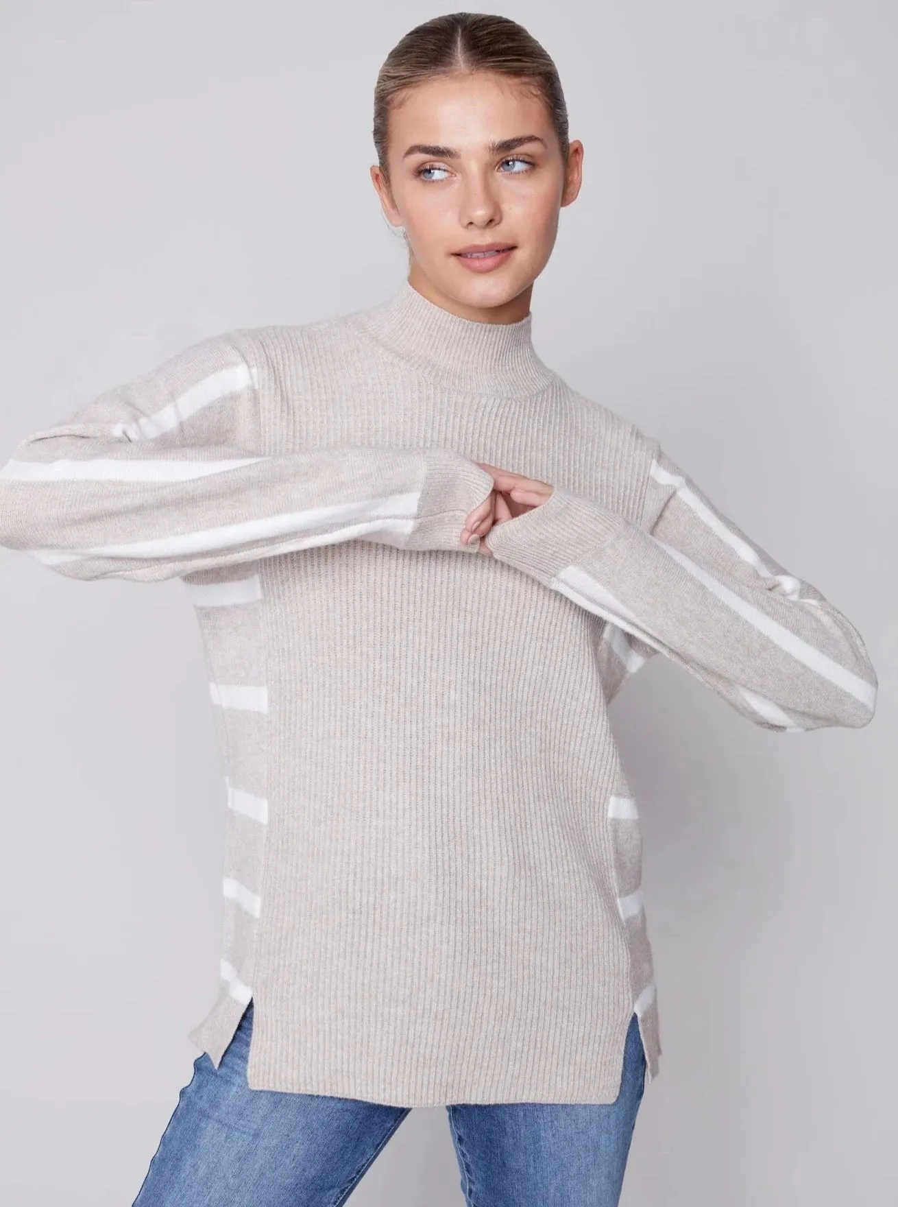 Cowl Neck Dolman Sleeve Stripe Combo [Truffle-C2593]