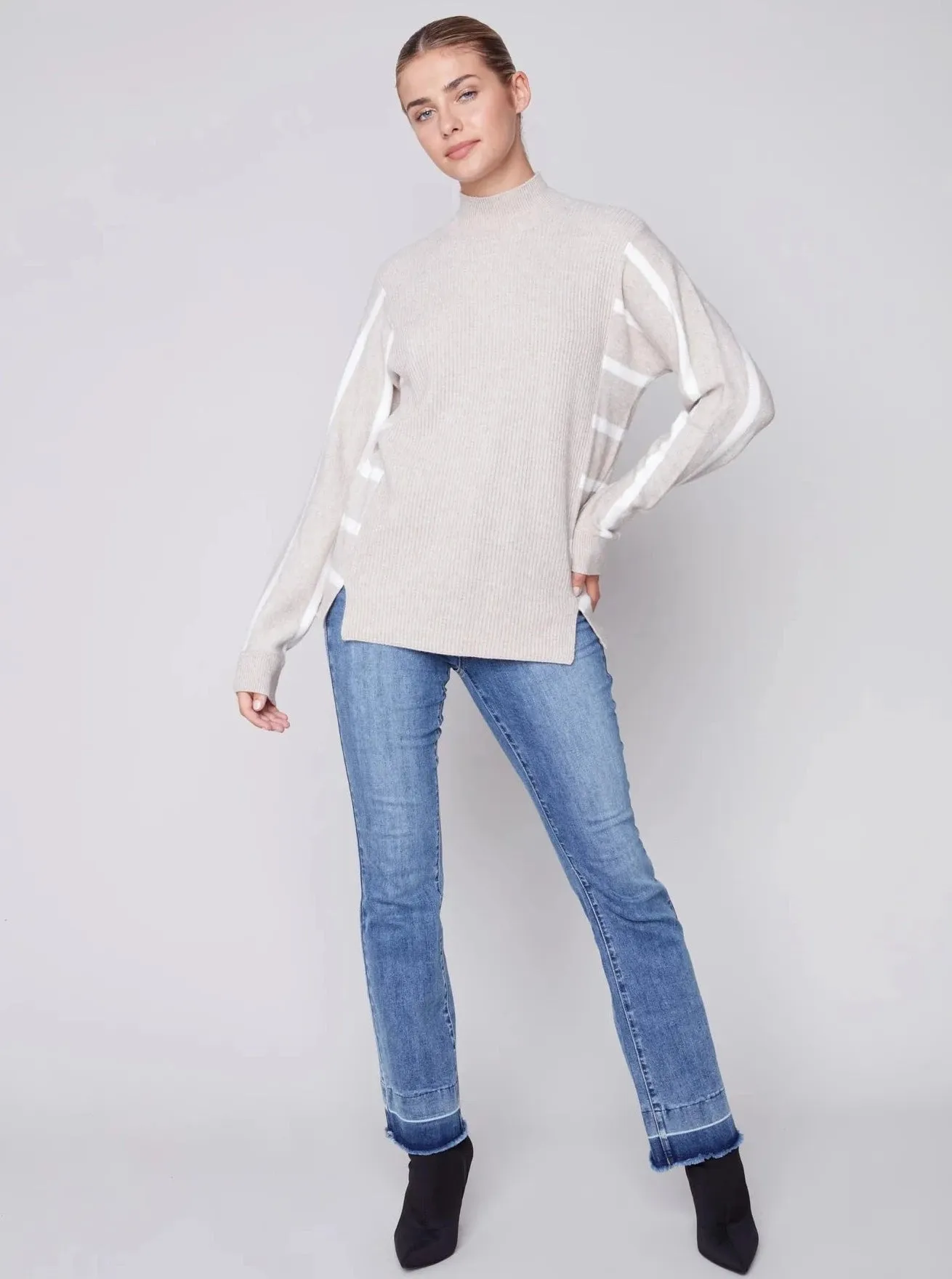 Cowl Neck Dolman Sleeve Stripe Combo [Truffle-C2593]