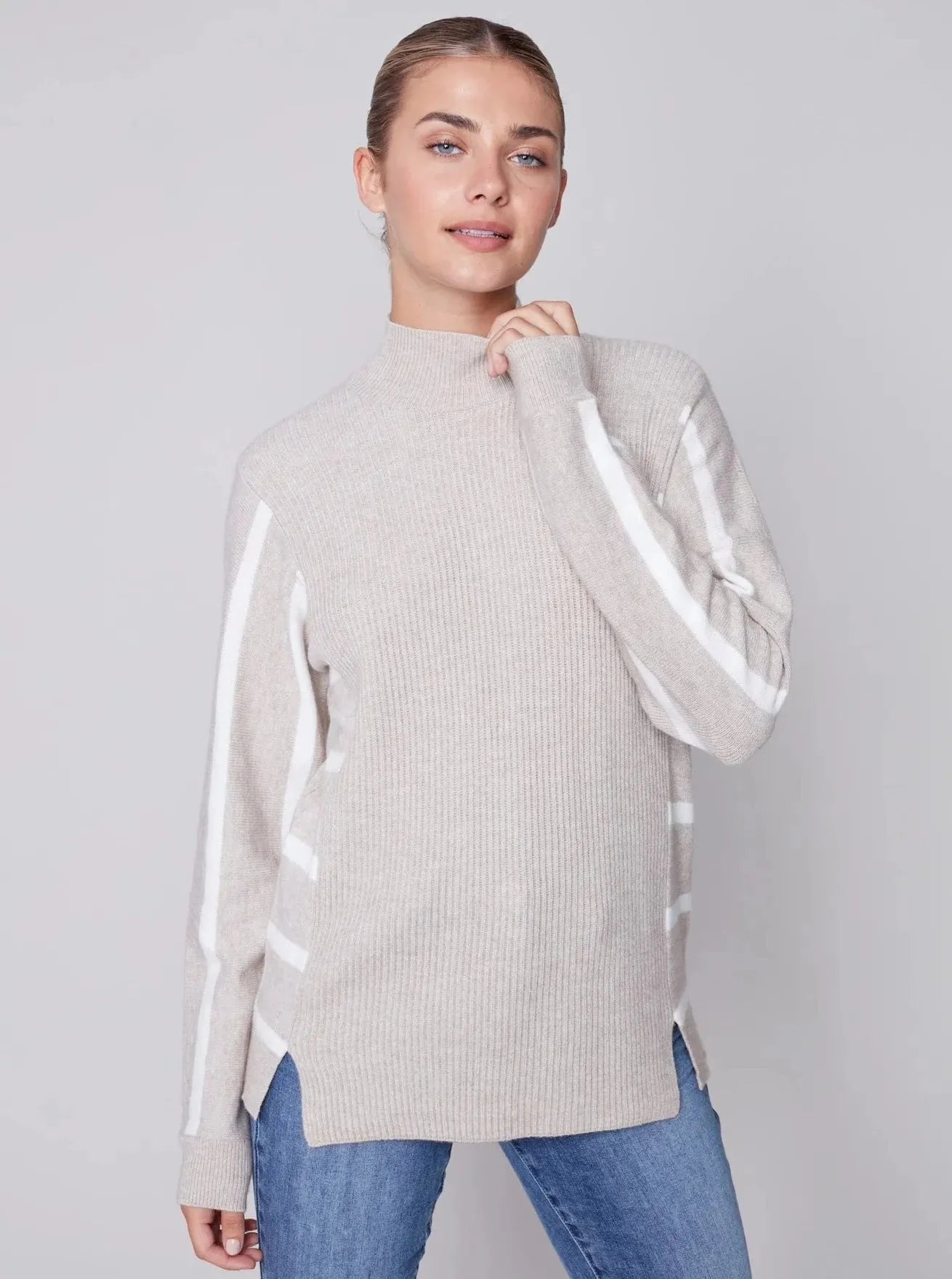 Cowl Neck Dolman Sleeve Stripe Combo [Truffle-C2593]