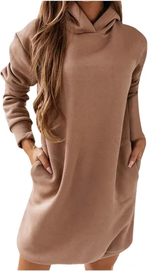 Cozy Oversized Hoodie Dress Womens Long Sleeve Casual Pullover Sweatshirt Pockets Warm Winter Wear
