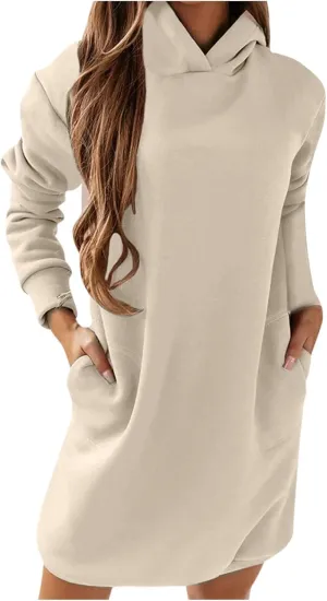 Cozy Oversized Hoodie Dress Womens Long Sleeve Casual Pullover Sweatshirt Pockets Warm Winter Wear