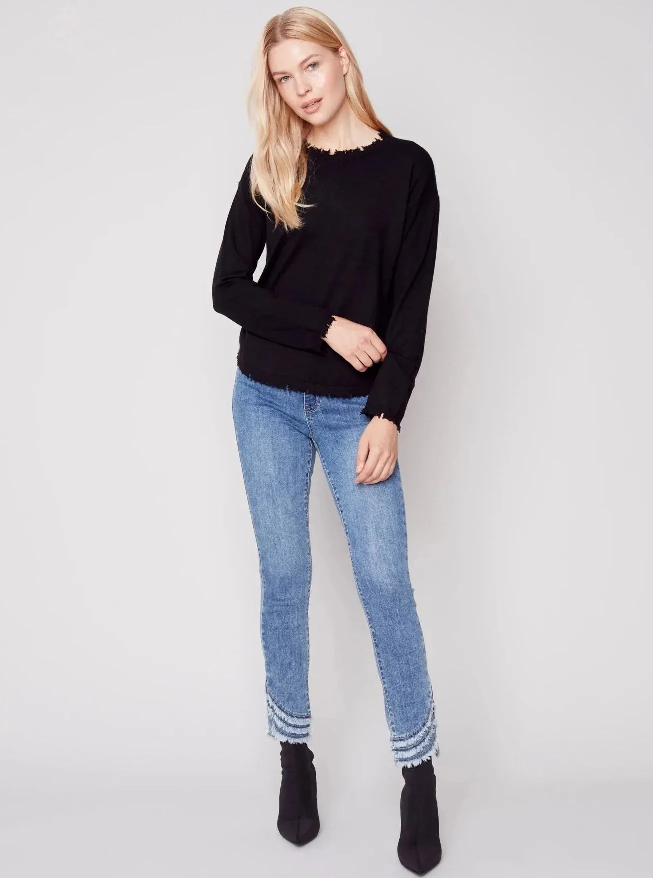 Crewneck Frayed Edge Sweater [Black-C2535]