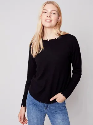 Crewneck Frayed Edge Sweater [Black-C2535]