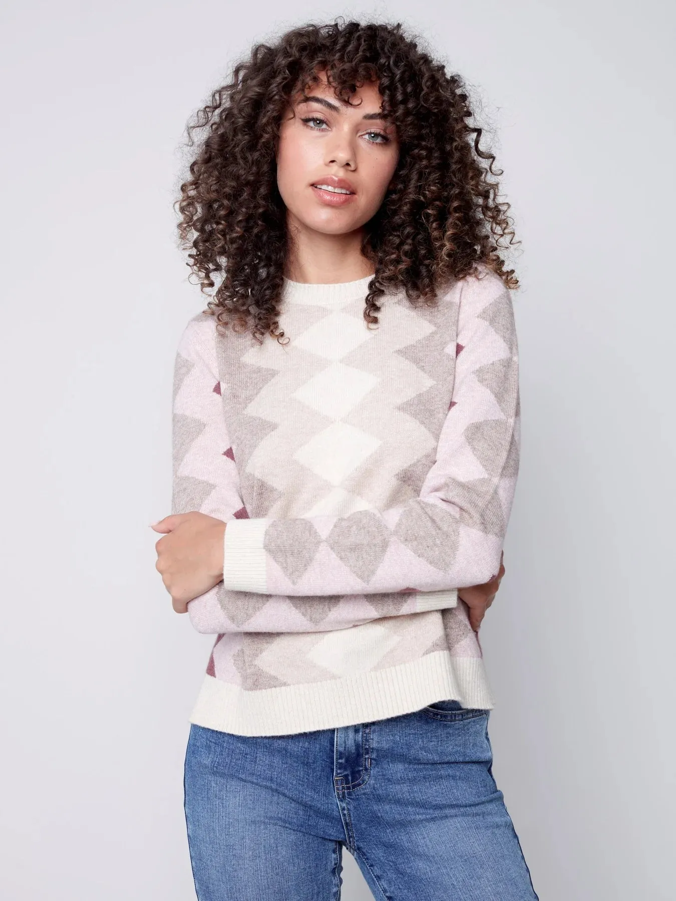 Crewneck Plushy Sweater Zig Zag Design [Powder-C2520]