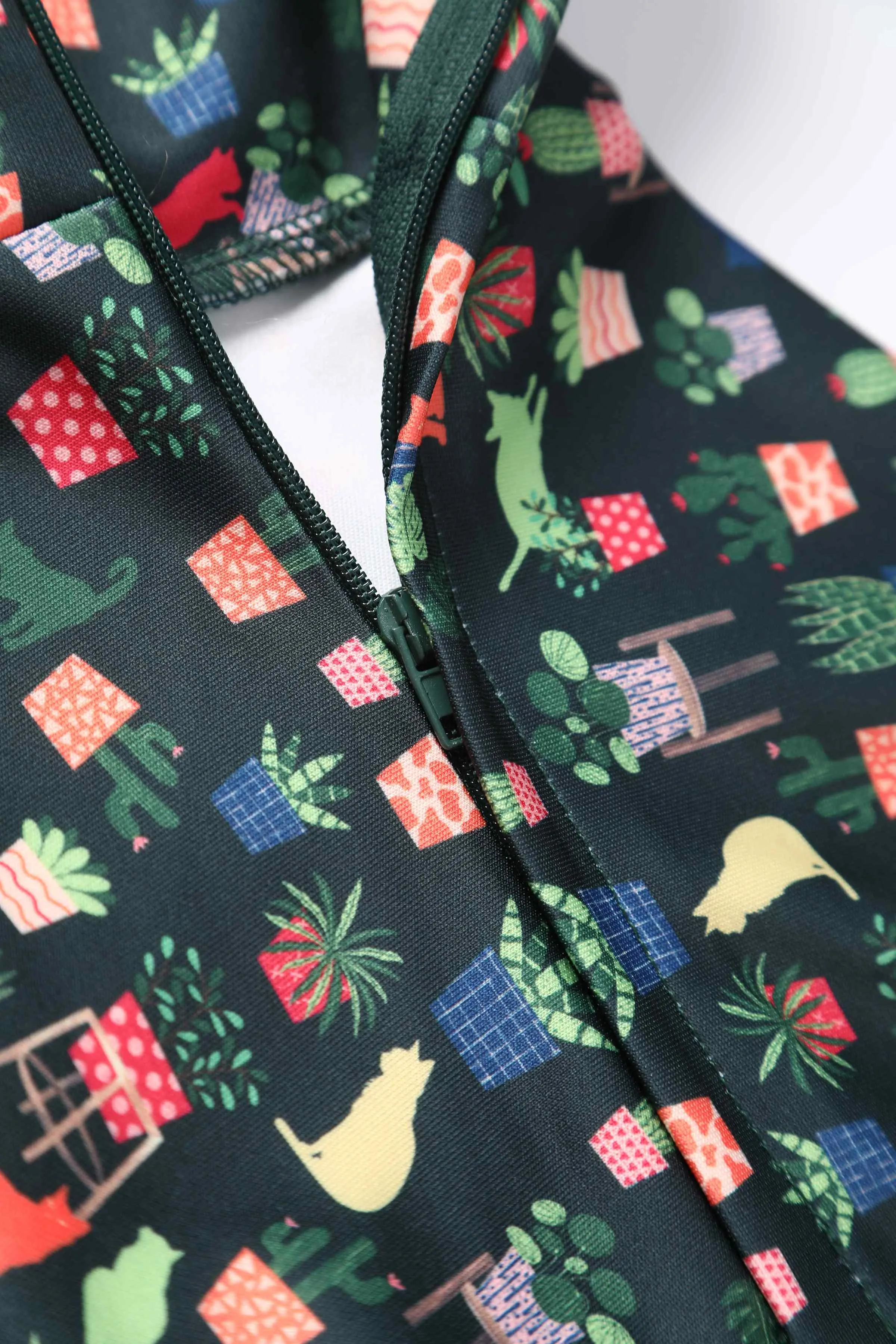 Darlene Cat & Plant Dress In Dark Green