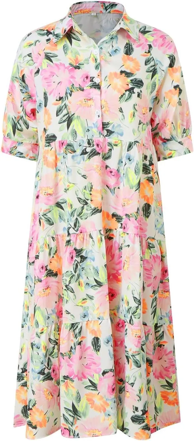 Eduavar Midi Dresses for Women 2024 Summer Elegant Dresses for Women Floral Print Short Sleeve Flowy Midi Dress with Pockets