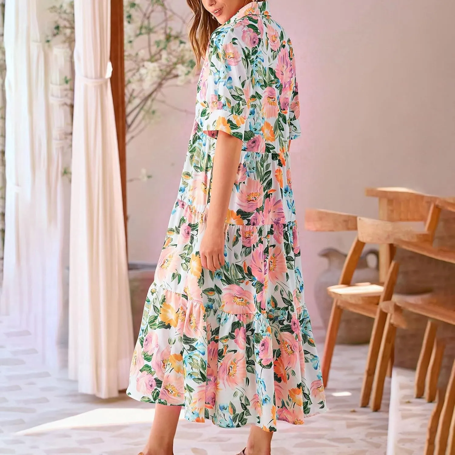 Eduavar Midi Dresses for Women 2024 Summer Elegant Dresses for Women Floral Print Short Sleeve Flowy Midi Dress with Pockets