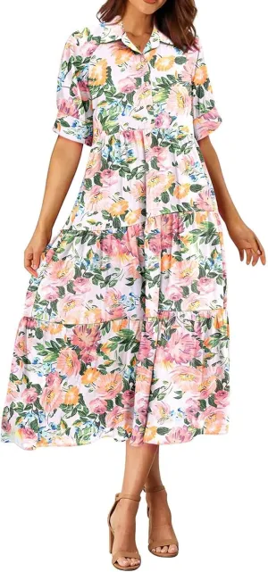 Eduavar Midi Dresses for Women 2024 Summer Elegant Dresses for Women Floral Print Short Sleeve Flowy Midi Dress with Pockets