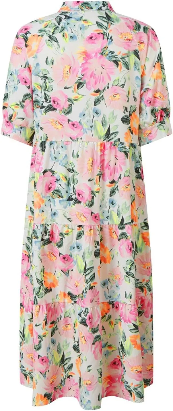 Eduavar Midi Dresses for Women 2024 Summer Elegant Dresses for Women Floral Print Short Sleeve Flowy Midi Dress with Pockets