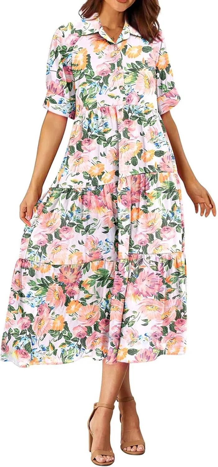 Eduavar Midi Dresses for Women 2024 Summer Elegant Dresses for Women Floral Print Short Sleeve Flowy Midi Dress with Pockets