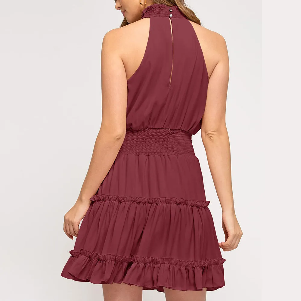 Elastic Waist Ruffled A Line Swing Mini Dress