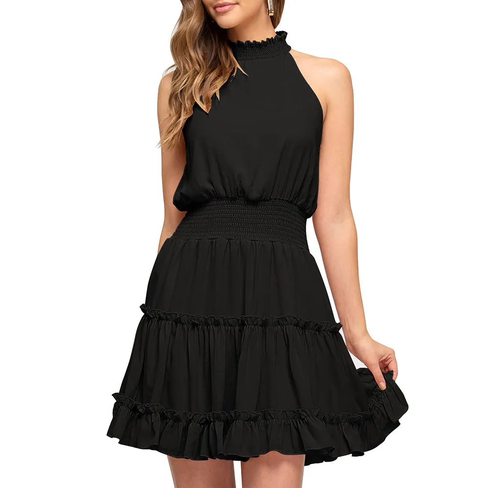 Elastic Waist Ruffled A Line Swing Mini Dress