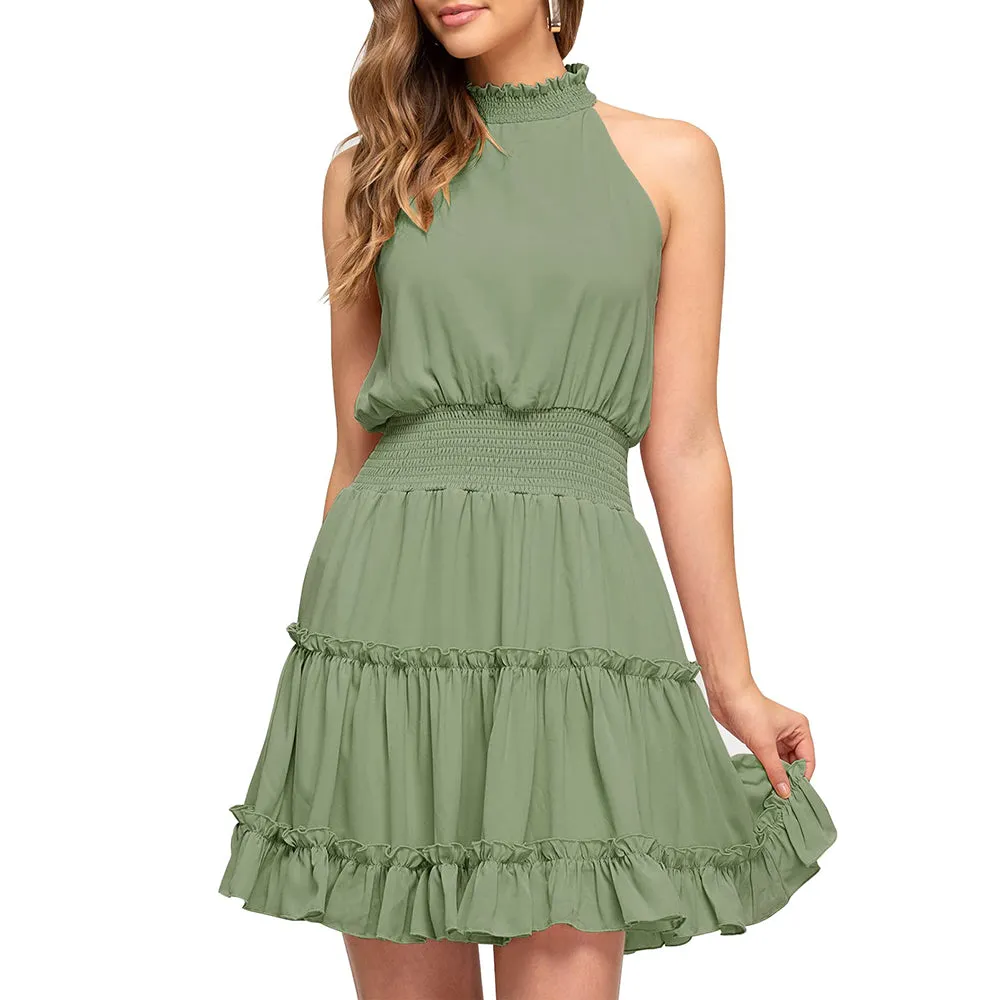Elastic Waist Ruffled A Line Swing Mini Dress