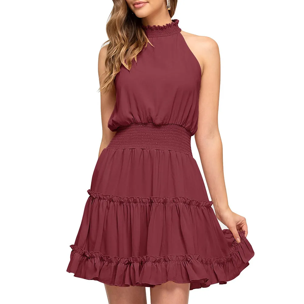 Elastic Waist Ruffled A Line Swing Mini Dress