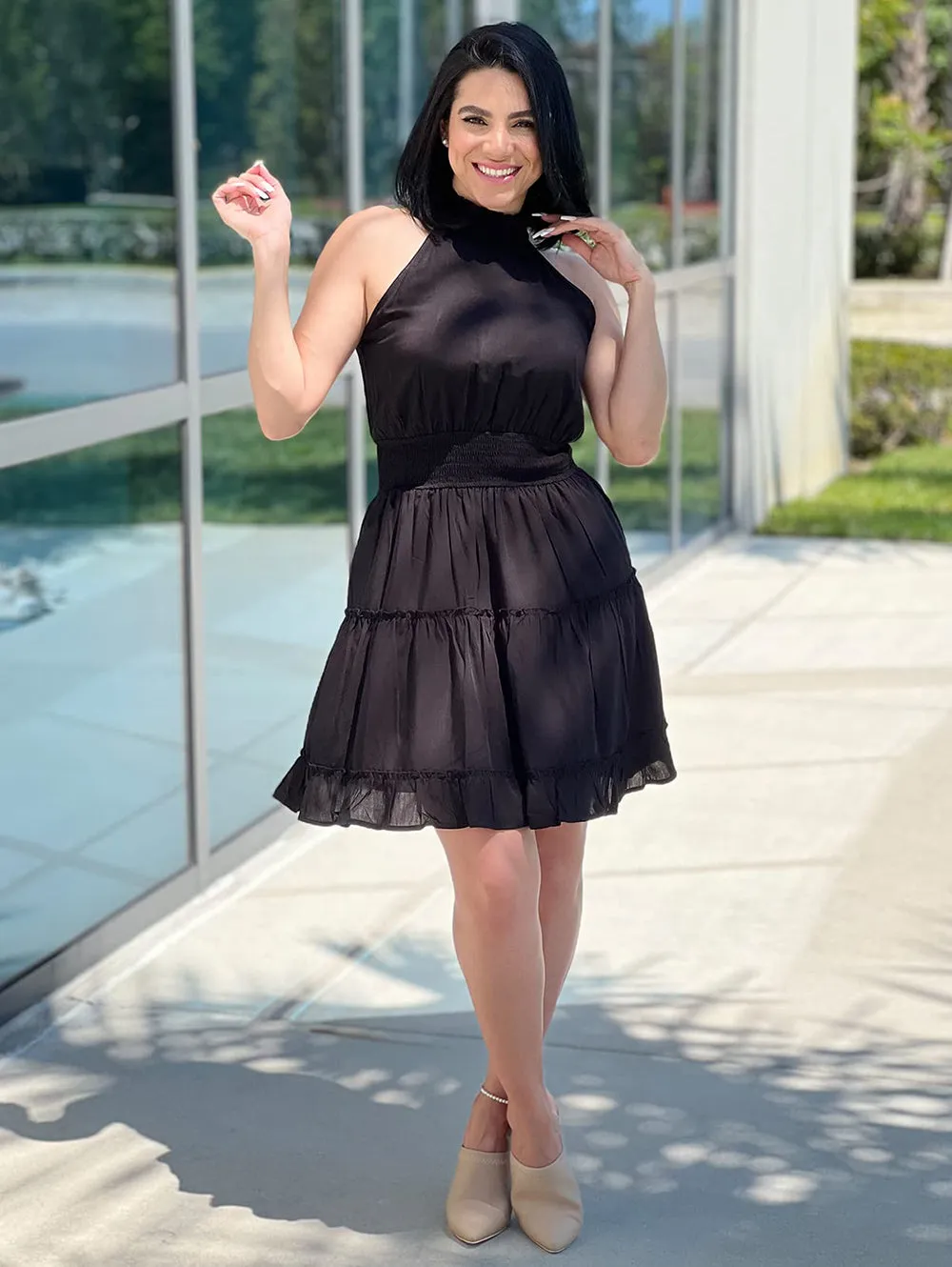 Elastic Waist Ruffled A Line Swing Mini Dress