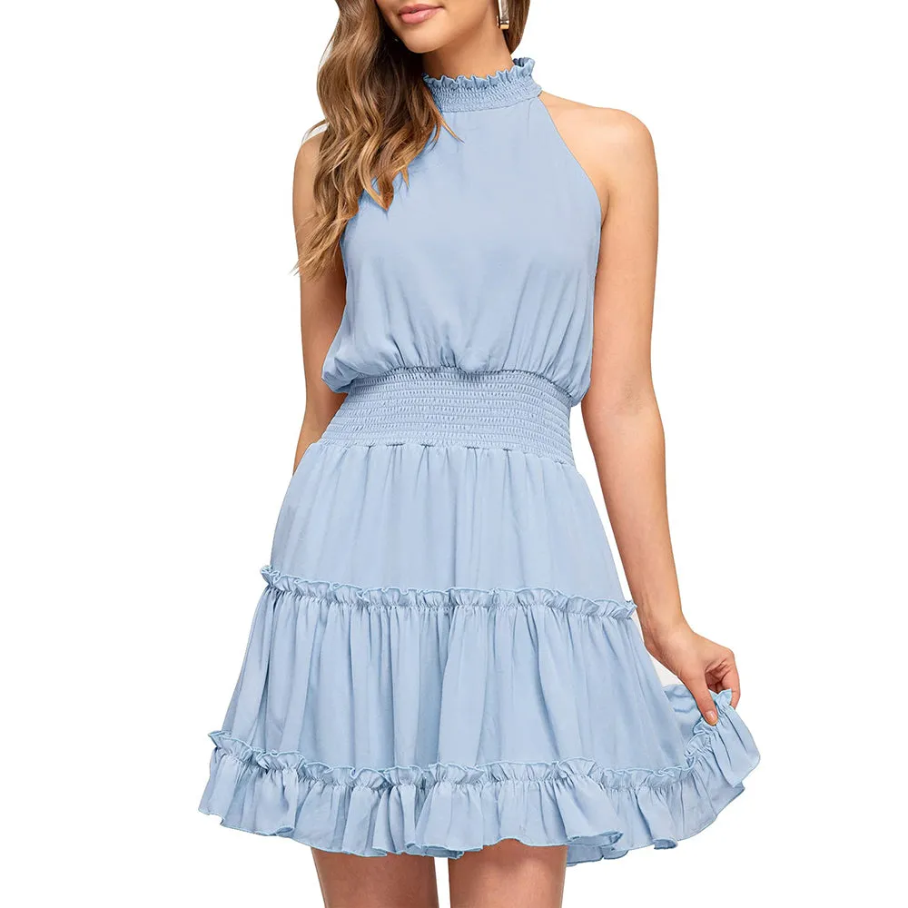 Elastic Waist Ruffled A Line Swing Mini Dress