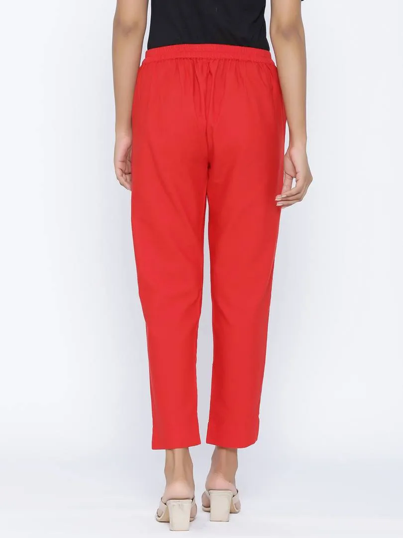 Fashionable Red Cotton Blend Solid Trouser Pant For Women