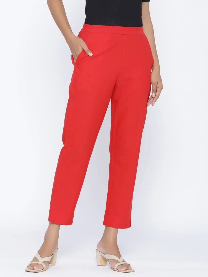 Fashionable Red Cotton Blend Solid Trouser Pant For Women