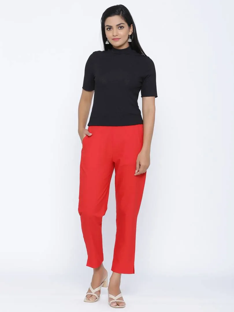 Fashionable Red Cotton Blend Solid Trouser Pant For Women