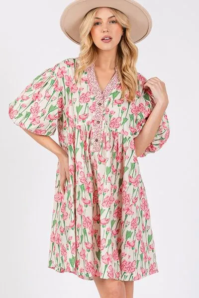 Floral Half Button Bubble Sleeve Dress