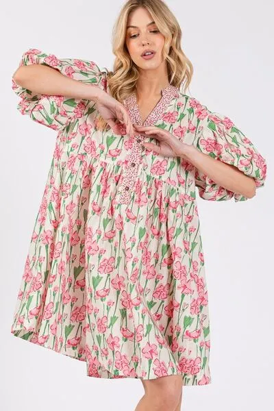 Floral Half Button Bubble Sleeve Dress