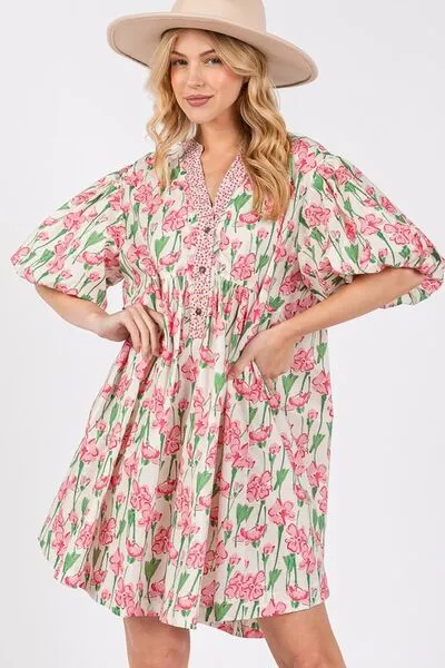 Floral Half Button Bubble Sleeve Dress