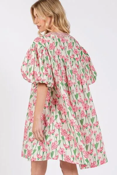 Floral Half Button Bubble Sleeve Dress