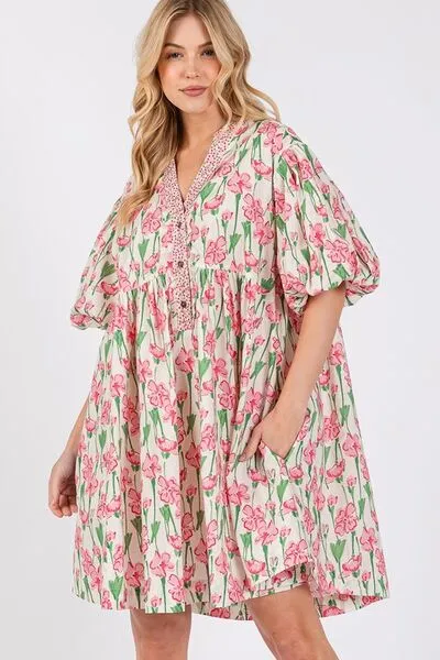 Floral Half Button Bubble Sleeve Dress