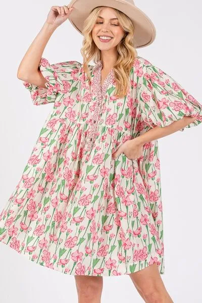 Floral Half Button Bubble Sleeve Dress