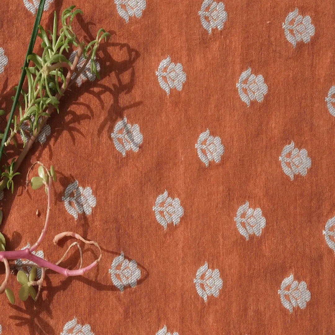 Floral Silk Chanderi Fabric - Rust Orange