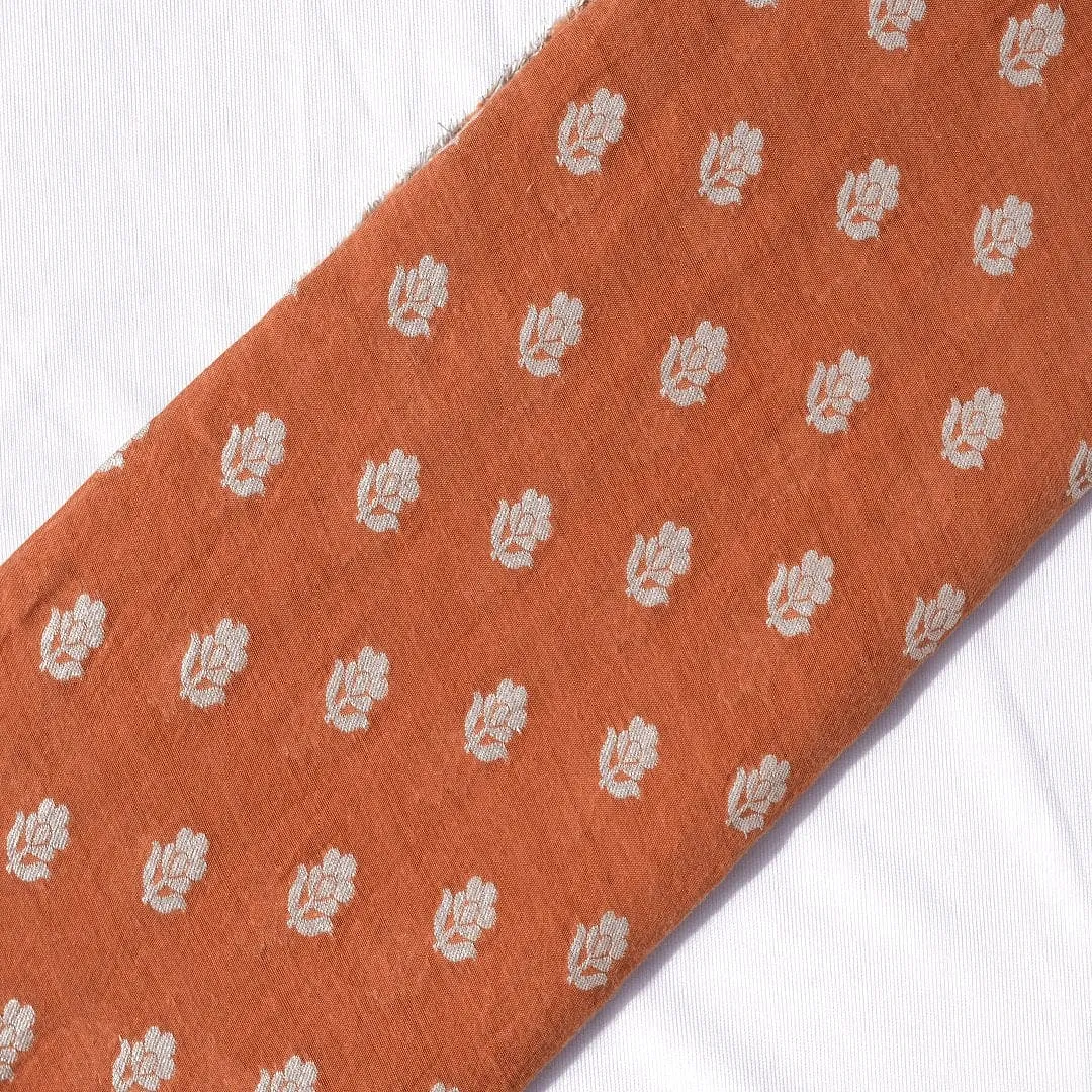 Floral Silk Chanderi Fabric - Rust Orange