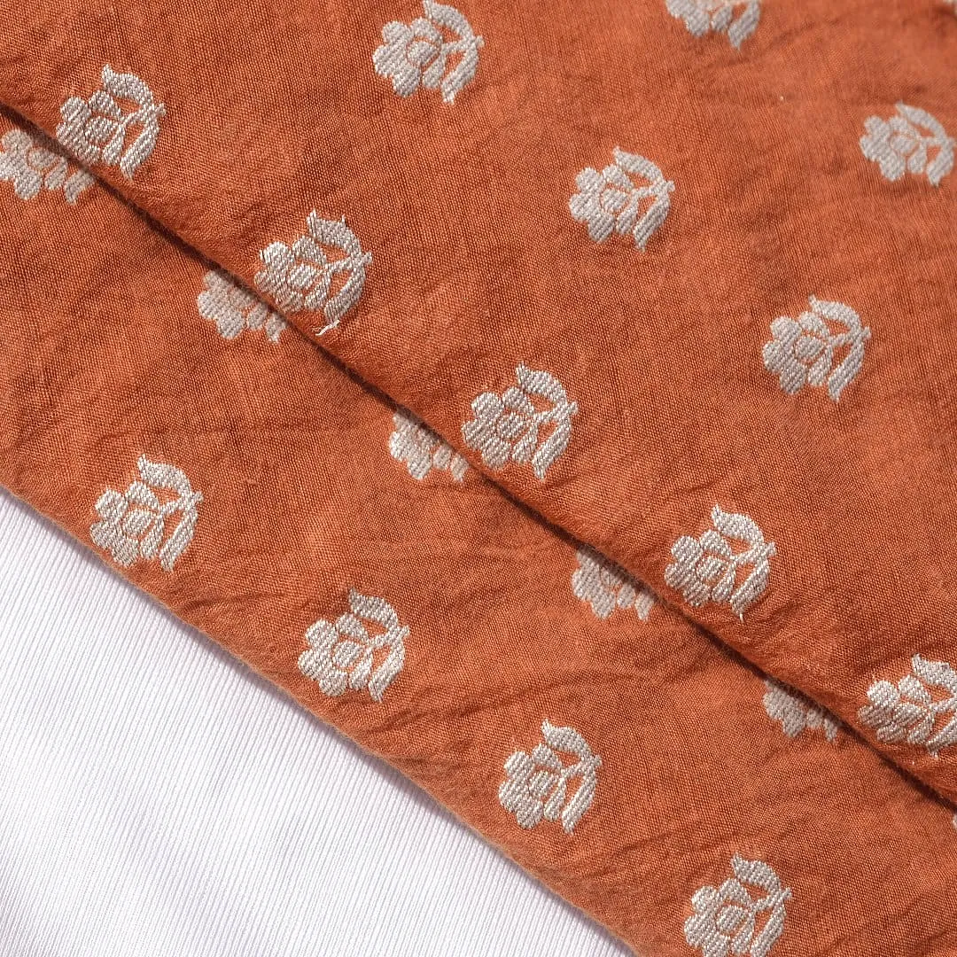 Floral Silk Chanderi Fabric - Rust Orange