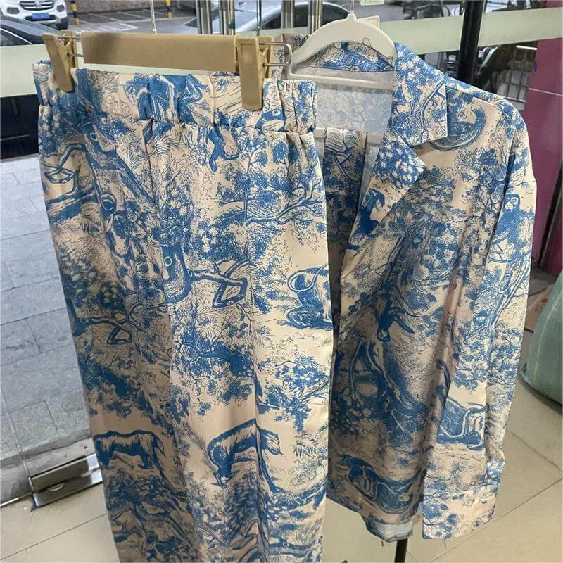 French Print Lace-Up Shirt Wide Leg Pants Set