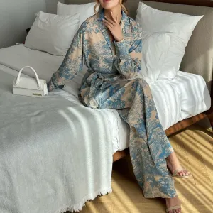 French Print Lace-Up Shirt Wide Leg Pants Set