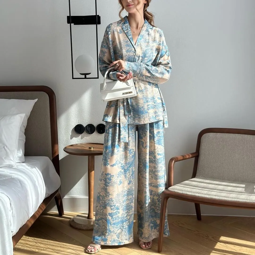 French Print Lace-Up Shirt Wide Leg Pants Set