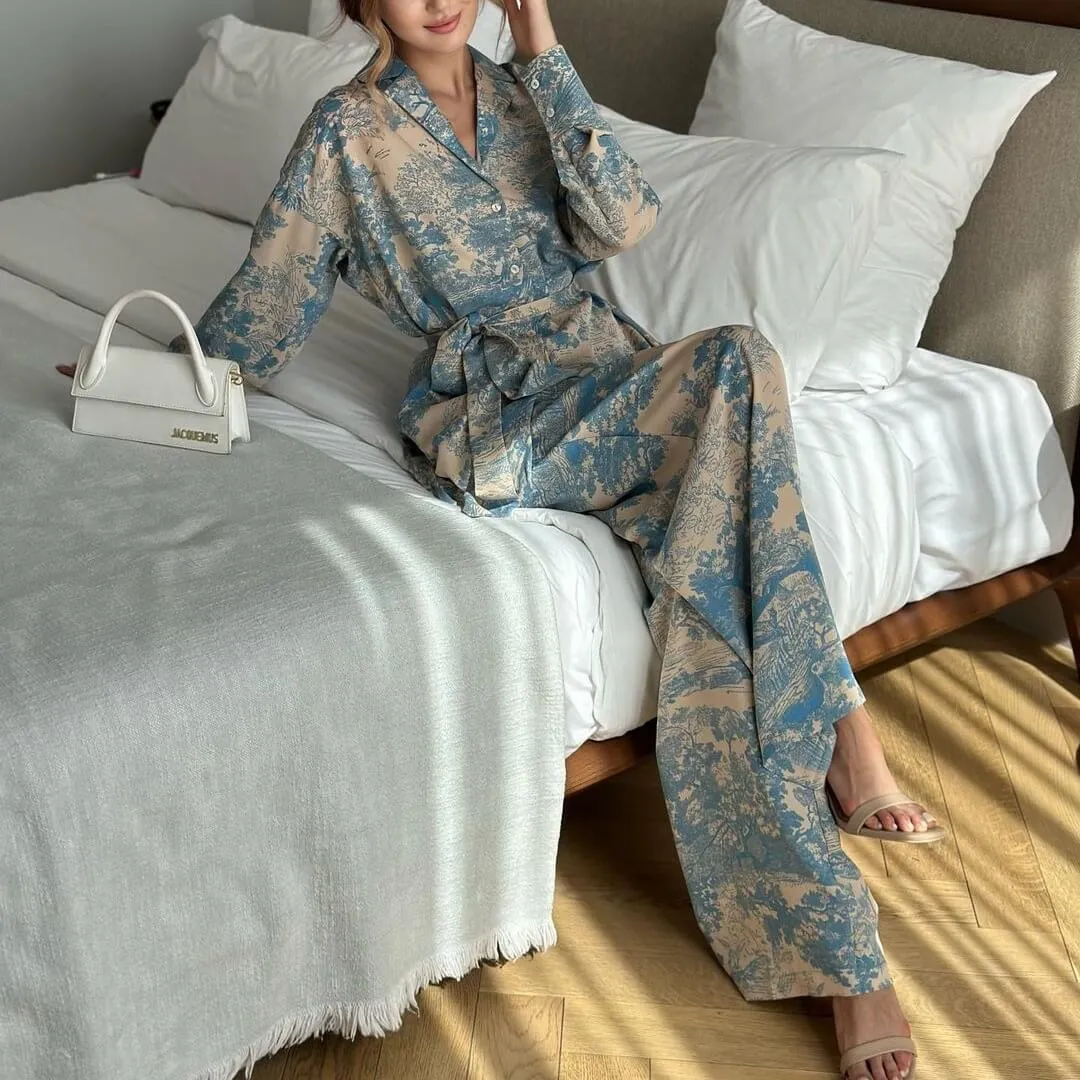 French Print Lace-Up Shirt Wide Leg Pants Set