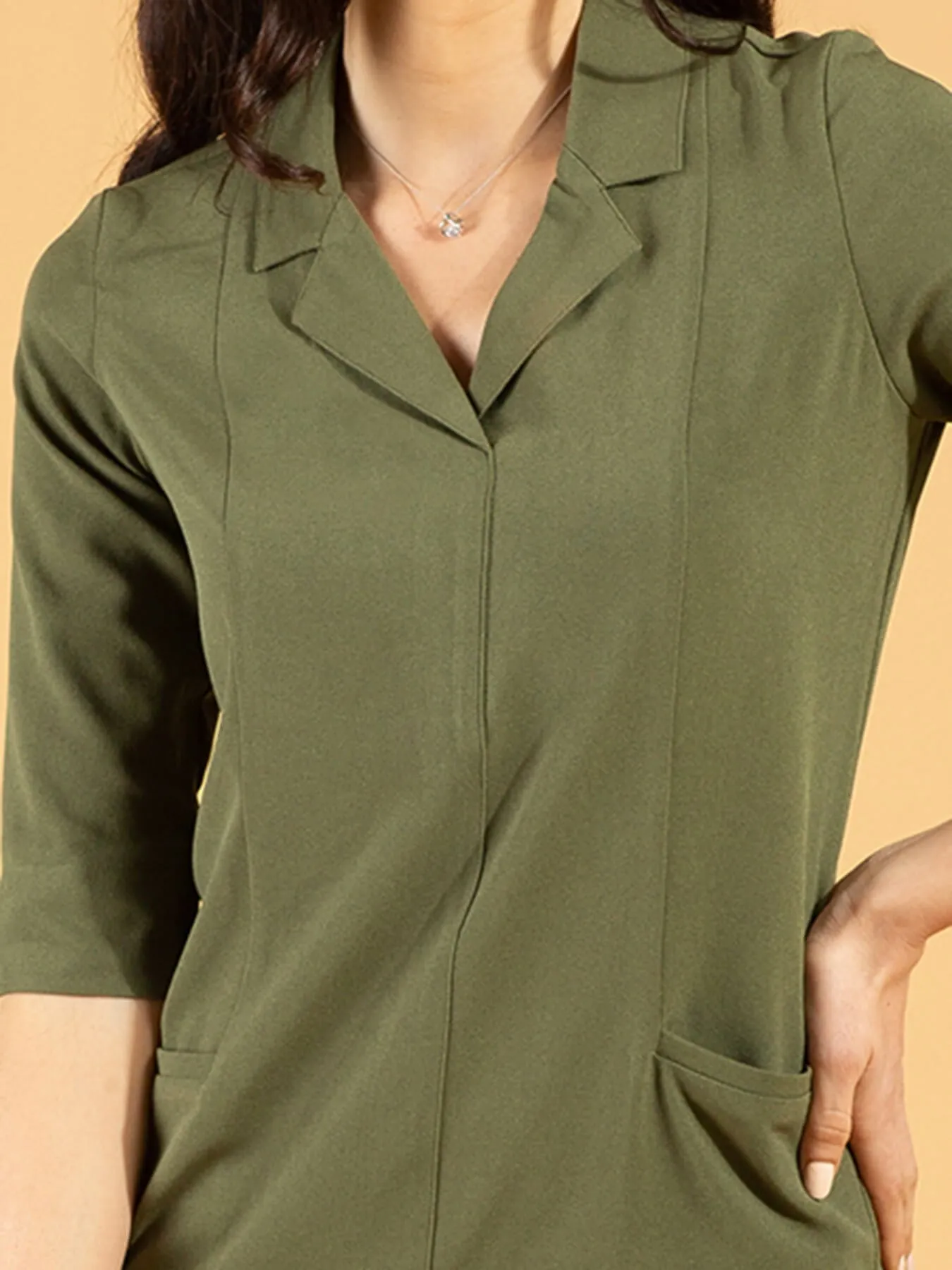 Front Pocket Lapel Dress - Moss Green