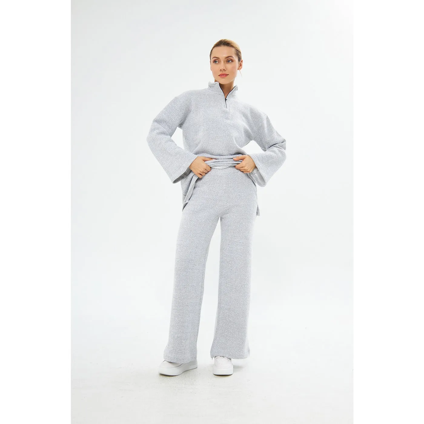 Grey Melange Wide Leg Trouser